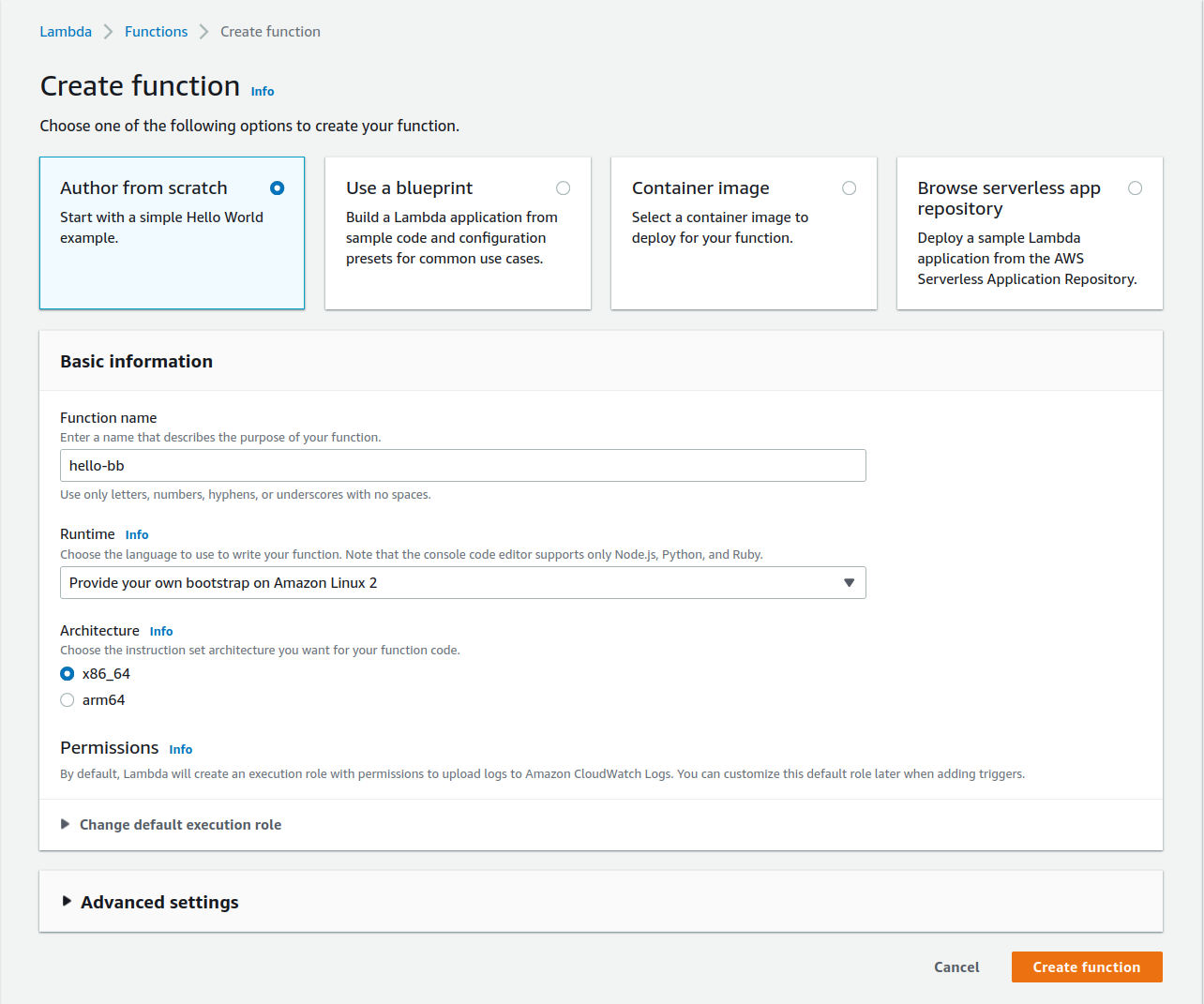 AWS Lambda console create function page showing the setting of runtime to
'provide your own bootstrap on Amazon Linux 2'