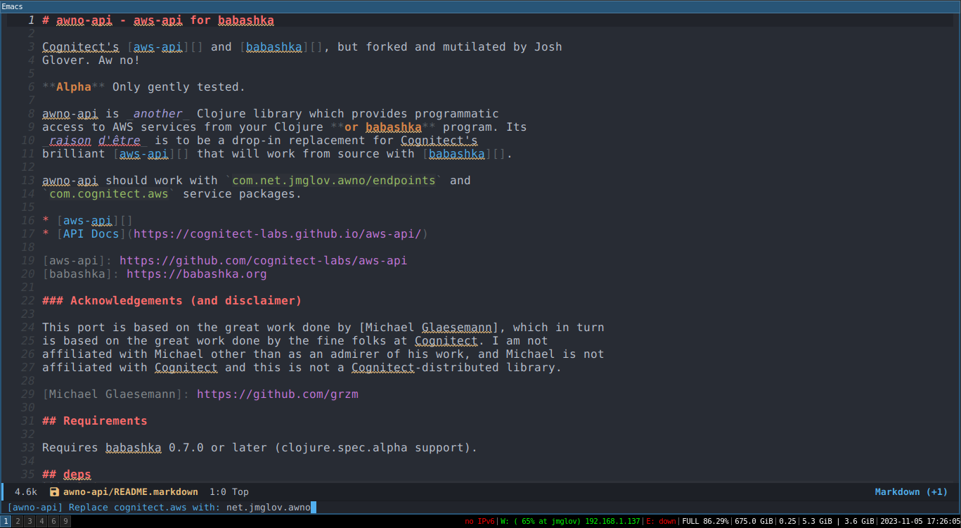 Fly, my pretties! Emacs prompting to replace cognitect.aws with net.jmglov.awno
