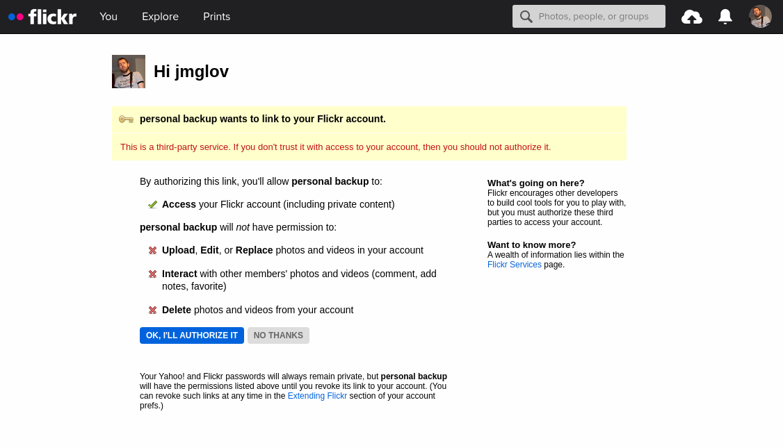 What could possibly go wrong? A prompt to authorize an app to my Flickr account