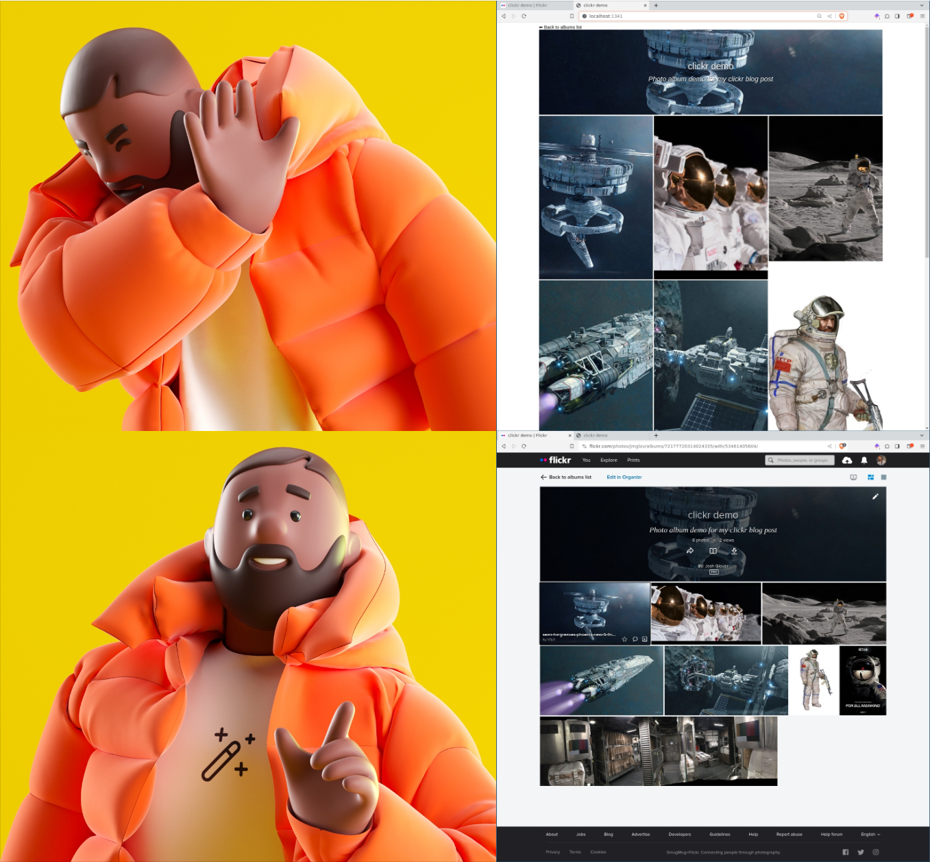 A cartoon version of the Drake hotline bling meme: Drake is disgusted by our album and delighted by the Flickr UI