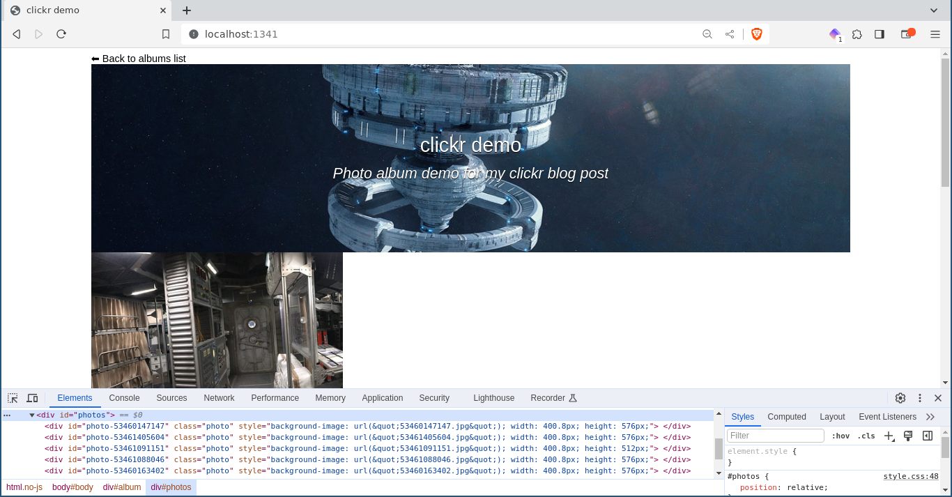 The album webpage with all photos set to 400.8 pixels width