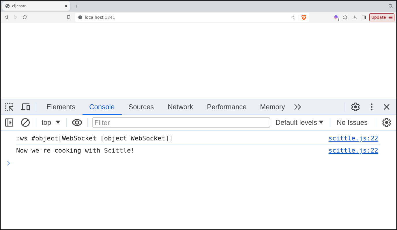Screenshot of a browser window with the JavaScript console displaying: Now we're cooking with Scittle!