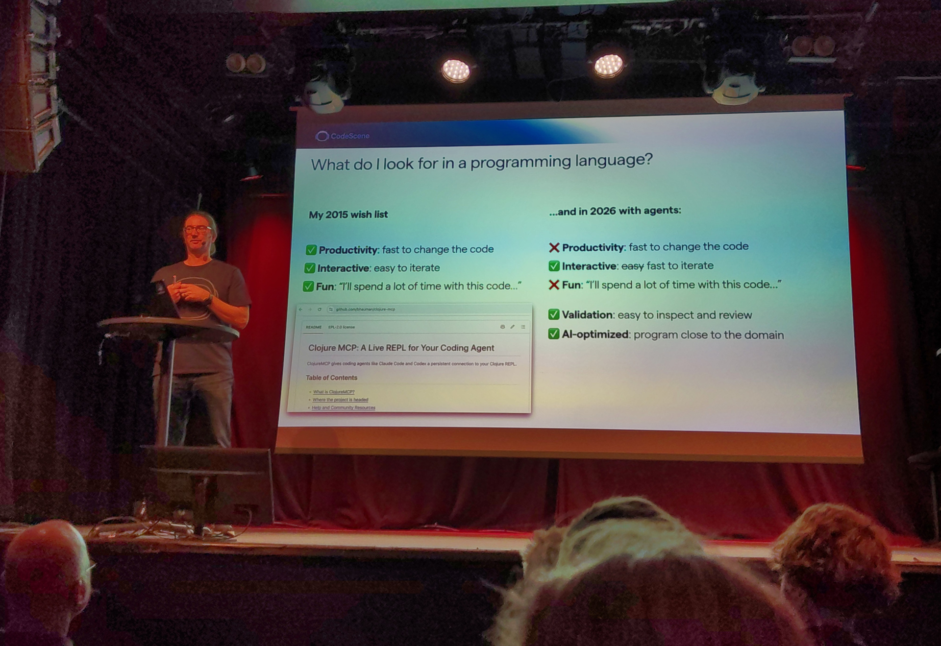 Fun: yet another thing agents destroy Adam presents a slide labelled "What do I look for in a programming language?"
