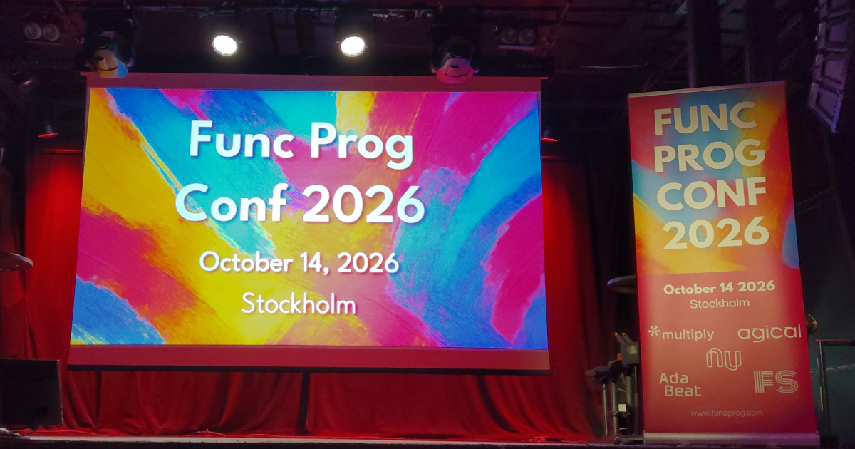 It's about to go down Func Prog Conf 2026 logo projected onto an empty stage