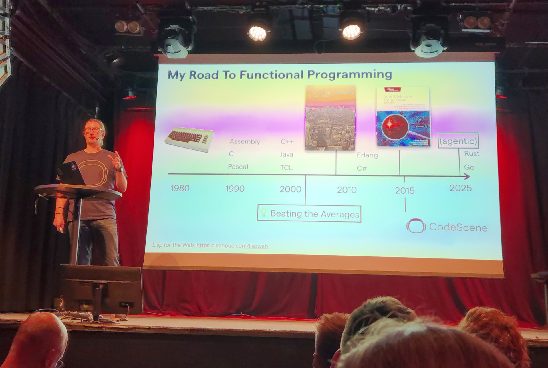 Why's it always gotta be Paul Graham? Adam presents a slide labelled "My Road To Functional Programming"